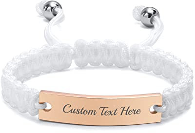 FLHEART Personalised Bracelet for Men : Handmade Braided Custom Engrave Kabbalah String Knot Macrame ID Bracelet Wristband for Him, Customised Gift for Dad Husband Son,White