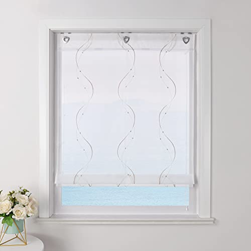 ESLIR Raffrollo ohne Bohren Weiß Raffgardine mit Ösen Transparent Gardinen mit U-Haken Ösenrollo Modern Bestickt Beige BxH 60x140cm 1 Stück