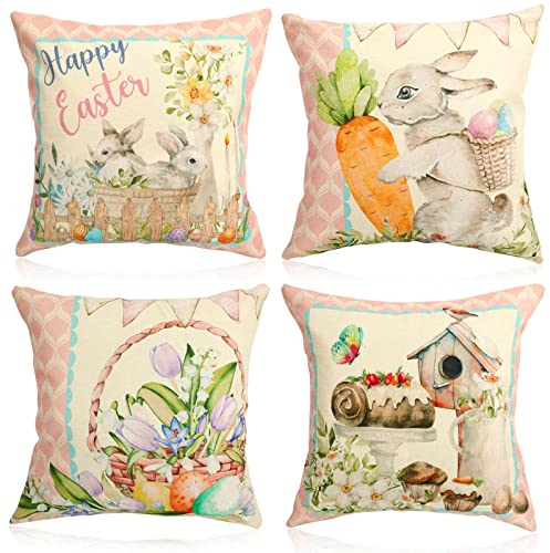 HOWAF 4 Kissenbezug Ostern Kissenhülle Ostern Kissenbezüge Osterdeko Leinen Kissenhülle Osterkissen Beige Kissenbezug Hase Kissen Ostern Osterkissenbezug 45x45cm, Ostern Deko Ostern Hase Sofa Kissen
