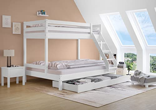 Erst-Holz Doppel-Etagenbett 140x200 und 90x200 Erwachsenen-Stockbett Kiefer Massivholz weiß V-60.18W-09-14, Ausstattung:Rollrost und Bettkasten inkl.