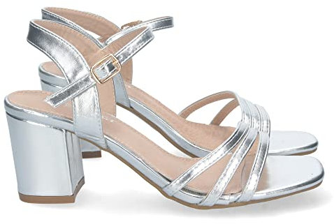 shoes&blues.es 74697-Sandalia de Tacon para Mujer, Comoda, con Palas Finas, Talon Abierto, y Cierre de Hebilla, Primavera Verano 2023. Talla 39 Plata