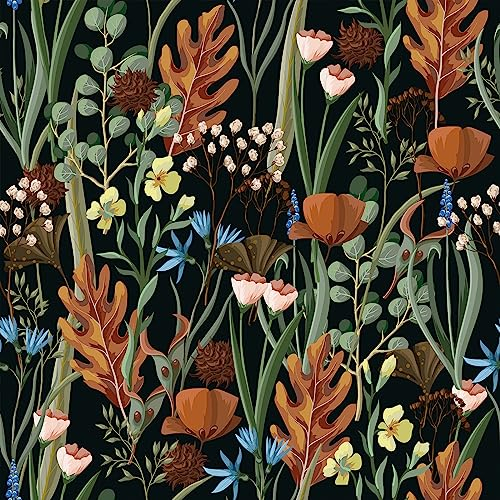 VEELIKE Tapete Blumen Schwarz Blumentapete Vintage Tropische Blätter Fototapete Schlafzimmer Tapeten Dschungel Möbelfolie Selbstklebend Dekorfolie Klebefolie Möbel Deko Wohnzimmer 44.5cmx300cm