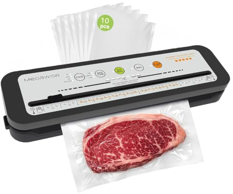 MegaWise Vakuumiermaschine | 2025 aktualisiert | 80 kPa Saugleistung | Beutel und Schneider im Lieferumfang enthalten (Silver with 4 Food Type) | 80kPa Starke Saugkraft, 4 Lebensmittelmodi, Eingebauter Cutter, One-Touch-Vakuumversiegelung, Inklusive 10 Beutel zur