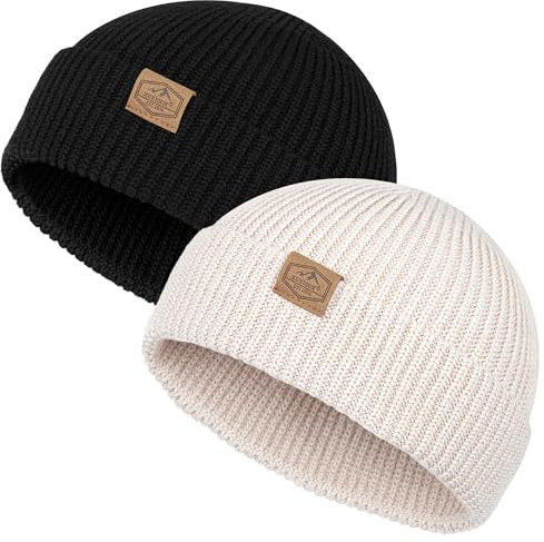 Fischer-Beanie-Mütze für Herren und Damen, Strickbündchen, kurze Trawler-Mütze, warm und weich, stilvolle Totenkopfkappe, Winter, Frühling, Herbst, Schwarz und Stein (Größe L), 7 7/8-8