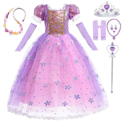 LiUiMiY Vestito Principessa Rapunzel Bambina Paillettes Costume Ragazze Abito da Carnevale Festa, 2-3 Anni (Etichetta 100)