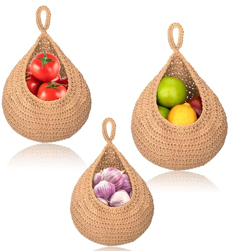 Panier à Fruits Suspendu, Corbeille Oignons Tissé Forme Larme Bohème, Panier Osier Rangement Fait Main pour Cuisine Restaurant Légumes Collations (Marron)