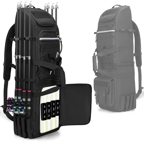Rexmica Fishing Backpack Holds 8 Rods & Reels, Fishing Tackle Bag with Compartment for Tackle Boxes, Fishing Gear or Equipment, Fishing Rod Case Bag, Fishing Pole Bag with Tactical Molle System