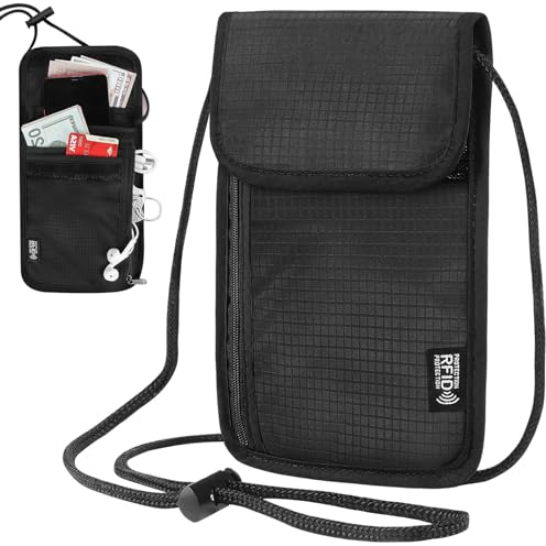 ZARADU Pochette Tour de cou Voyage,Pochette Tour de cou Sac de cou Bloqueur RFID Anti,Pochette de cou Portefeuille,Pochette Passeport Voyage,Sacoche Voyage,pour Passeport,Argent,Cartes,Clés(Noir)