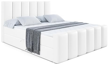 ALTDECOR Boxspringbett mit Matratze und Lattenrost, Boxbett, Topper, Fußteil, Polsterbett mit Bettkasten, Bett mit Stauraum H3-Matratze, Springboxbett - BOXI1-Z - 120x200 - Weiß Kunstleder