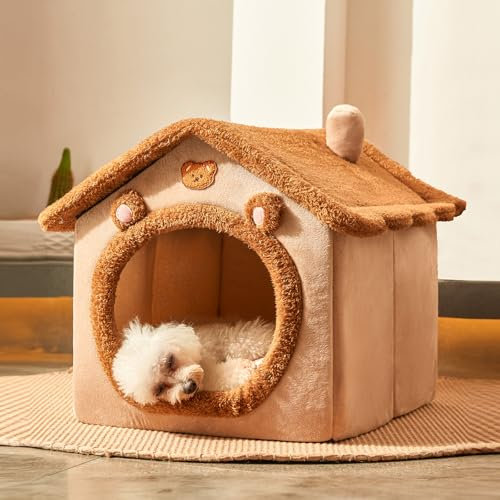Jiupety Hundehöhle Kleine Hunde mit süßen Bärenohren, Hundehütte Indoor für Katze und Kleine Hunde, Hundehaus für Drinnen, Größe M Hundebett mit Dach, Brown Bear
