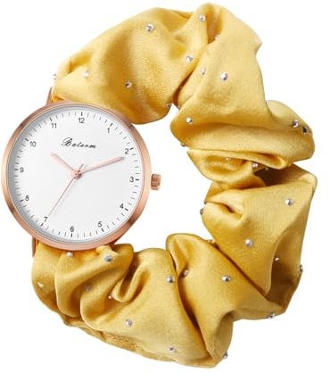 JewelryWe Damenuhr Elastisch Haarband Uhr: Damen Analog Quarz Armbanduhr Frauen Mädchen ultradünne multifunktionale Punkte Haargummi Uhr mit Gelb Zugarmband elastischem Band Geschenk