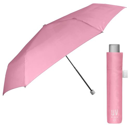 PERLETTI Paraguas para el Sol Plegable Extra Compacto - Paraguas con Filtro Solar Mujer Hombre Antiviento Pequeño - Sombrilla Anti UV y Lluvia Súper Slim Manual de Viaje - Diámetro 91 cm (Rosa)