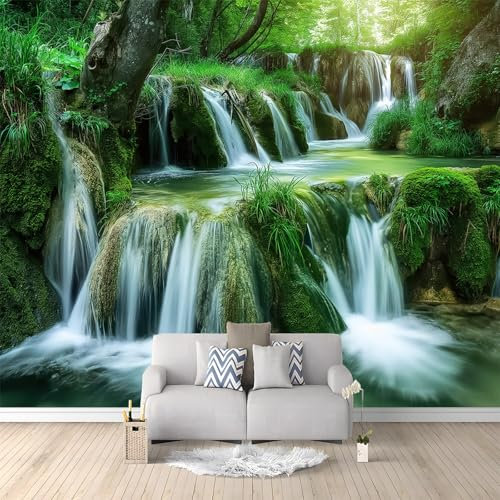 Papier Peint Paysage Cascade Vert Forêt 300x210 cm 3D Panoramique Murale Salon Papier Peint intissé pour Chambre Salon Personnalisé Décoration Murale