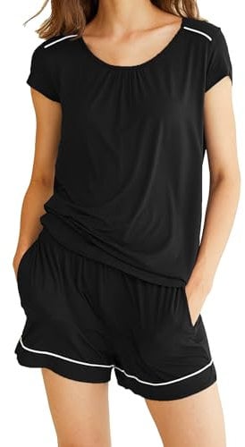 Famulily Ladies Pyjamas Set Cap Sleeve Round Neck Tops and Elastic Waistband Shorts Pleaed Loungewear Black XL