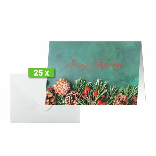 Sigel DS642 Weihnachtskarten-Set, Green Christmas, grün/braun/rot, A6, 25 Karten mit Umschlägen, ideal zum Bedrucken, aus nachhaltigem Papier