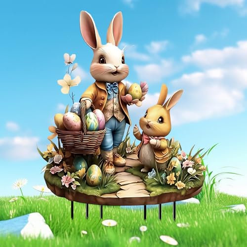 Pipihome Osterdeko Outdoor, Gartenstecker Osterhase Ostern Gartendeko, Osterhasen Garten Deko für Draußen, Acryl Vintage Hase Figuren Garten Stecker für Frühlingsdeko Osterdekoration Geschenke