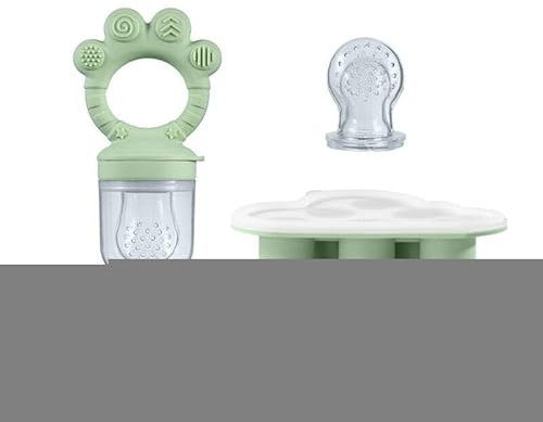 ORAGKE Chupete Fruta Bebe con 3 Tetinas de Silicona sin BPA, Chupetes y Recipiente Bandejas Congelar Comida con Tapas para Alimentacion Complementaria Bebe Denticion, Leche Materna, 4 Meses+ (Verde)