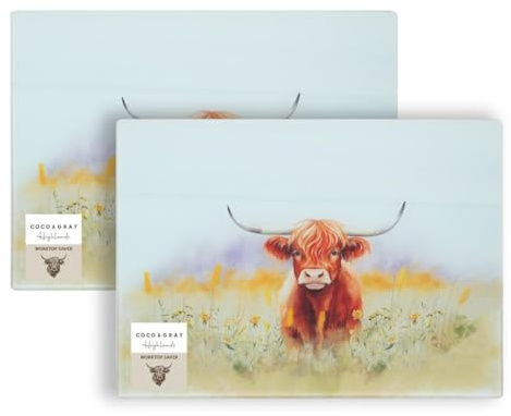 YöL Pack of 2 Highland Cow Themed Work Top Saver - Kitchen Food Preparation Chopping Board Vegetables Meat - Durable Smooth Tempered Glass Scratch Resistant Non-Slip