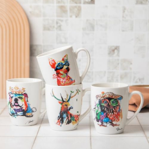 FabFinds Artistic Animal Ceramic Mug 360ml Cute Colourful Wildlife & Pet Print Tea & Coffee Cup with Curved Handle, Glossy Drinkware for Home, Office, or Gifting in Assorted Designs (Owl with Hat)