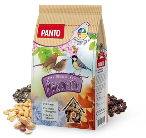 PANTO Power Mix 5 x 1 kg – Wildvogelfutter Streufutter, energiereich | Vogelfutter mit Sonnenblumenkernen, Erdnüssen, Rosinen & Getreideflocken – kraftvoll für Futterhäuschen & Futterplatz