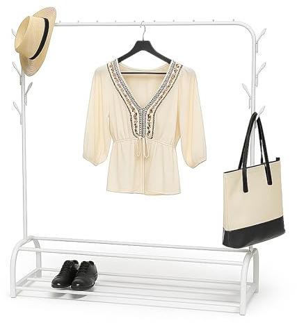 Relaxdays coat rack, 3-in-1, with rail, 2 shelves & 8 hooks, HxWxD: 158 x 110 x 40 cm, metal, stable, white, Iron