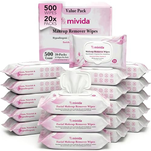 mivida Hypoallergenic Makeup Remover Wipes Bulk With Vitamin E, 500 count (20×25) Value box, Alcohol Free, Fragrance Free Makeup Wipes For Sensitive Skin, Travel Size Plant Based Facial Towelettes