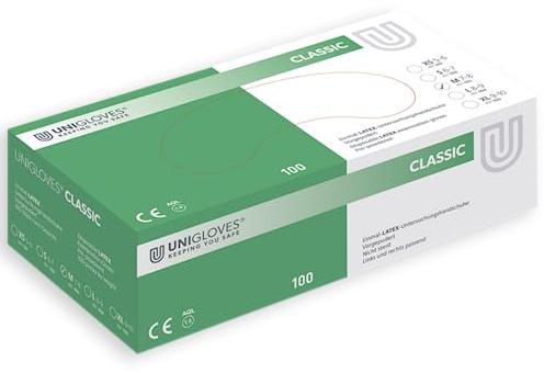 UNIGLOVES - Dehnbarer CLASSIC® Latexhandschuh | Mit Maisstärke gepudert gegen feuchte Hände | für Ärzte, Industrie & Kosmetikstudios | 100 Stück | Einmalhandschuh M