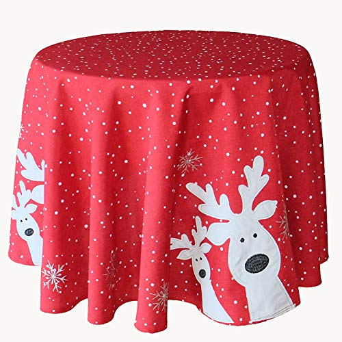KAMACA Tischdecke 150 cm rund festliches Rot mit filigraner Stickerei lustige, neugierige Elche & Schneeflocken robust farbecht pflegeleicht Winter Weihnachten (Lustige Elche rot 150 rund)