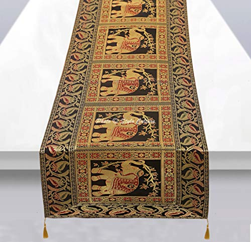 Stylo Culture Indische Dekorative Tischdecke Schwarz Gold Elefant Blumen Bohemien Jacquard Quaste Tischläufer Rechteckig 5 Fuß Für Wohnzimmerdekor Brokat Hochzeit Tischplatte (40 x 152 cm)