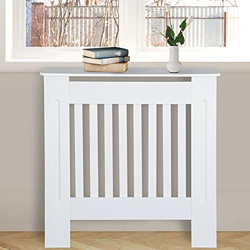 ZanGe Slatted Radiator Cover White Painted, Wall Shelf Cabinet Heating Covers, Eco-Friendly MDF Lined Grill in White, Freestanding Frame, Vertical Bars-Small H82 x W78 x D19 cm