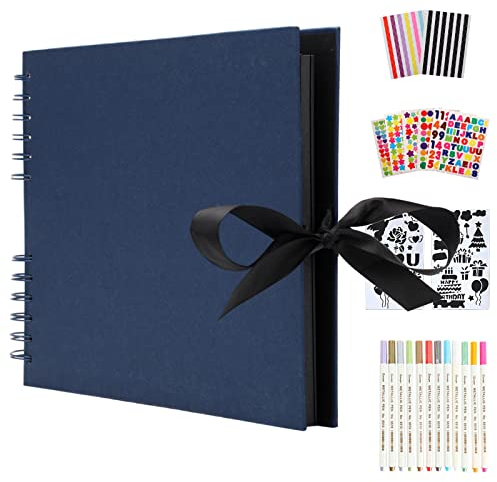 AIOR Fotoalbum zum Selbstgestalten, DIY Scrapbook 80 Schwarze Seiten, Vintage Fotoalben zum Einkleben, Gästebuch für Baby Kinder Familie Valentinstag Geburtstag Jahrestag Geschenk (Blau)