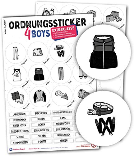 Typographus - 68 kindgerechte Aufkleber für Kleidung - Für Kleiderschränke, Boxen & Möbel - Sorgen für Ordnung im Kinderzimmer | Jungs | Ordnungssticker, Aufbewahrung, Ordnungssystem grau