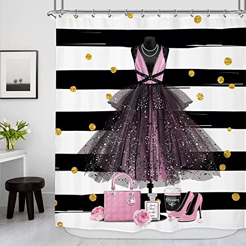 Riyidecor Lot de 12 rideaux de douche tendance pour femme - 152,4 x 183 cm - Moderne - Rose et noir - Motif à rayures - Talon haut - Parfum floral blanc - Tissu polyester imperméable