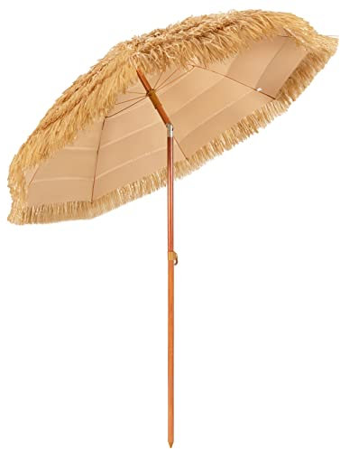 RELAX4LIFE Hawaii Sonnenschirm Ø200cm, Strohschirm mit Neigungsfunktion, Strandschirm aus PP&Metall, Gartenschirm UV-beständig, Balkonschirm Natur Reisstroh-Motiv, Terrassenschirm für Garten&Strand