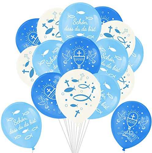 DPKOW 24pcs Blau Luftballons Kommunion Konfirmation Deko für Jungen, Schön DASS Du da Bist Latexballons für Jungen Erstkommunion Firmung Taufe Deko, mit Fische Taube Kelch Bibel Kreuz Muster