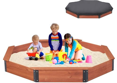 216 x 198 x 23 cm Achteckiger Sandkasten, großer Sandkasten mit Abdeckung für Kinder Outdoor-Spielspaß, patentierte Sandkiste aus Holz mit 4 Sitzbänken, schnelle und einfache Montage