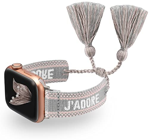 Wearlizer Geflochtene Armbänder Kompatibel mit Apple Watch Armband 40mm 41mm 42mm 38mm Damen, Bestickte Baumwolle Gestricktes Wort,Verstellbares Armband für iWatch Serie 10/9 8/7/6/5/4/3/2/1/SE