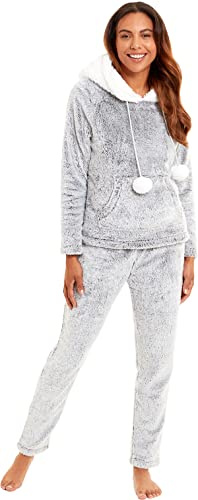 KATE MORGAN Womens Pyjamas Warm Fleece Pyjamas for Women Sets Pjs with Pockets S-XL | Soft Twosie Pyjama Set for Ladies Gifts for Her (L Grey Cream Snuggle)