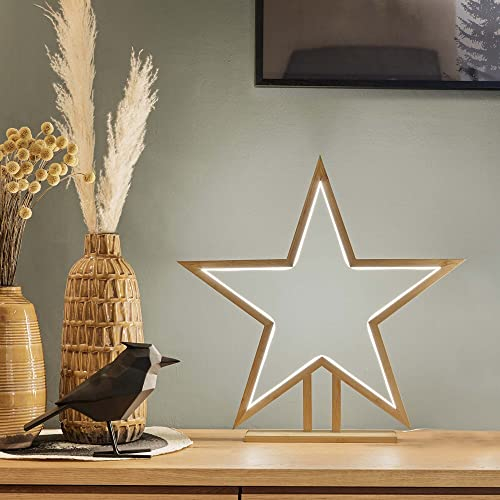 hellum LED Weihnachtsstern mt Lichtschlauch, klassisch warmweiß, 50cm, Weihnachtsdeko Innen, Kabel transparent, Bambus holzfarben, Zuleitung 3m, Weihnachtsbeleuchtung Innen 579253