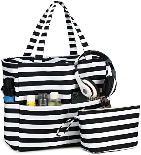 LOIDOU Große Strandtasche mit Reißverschluss Wasserdichte Sanddichte Schwimmbadtasche Umhängetasche Einkaufstasche mit Reißverschluss Reisetasche Familie Strand Tote