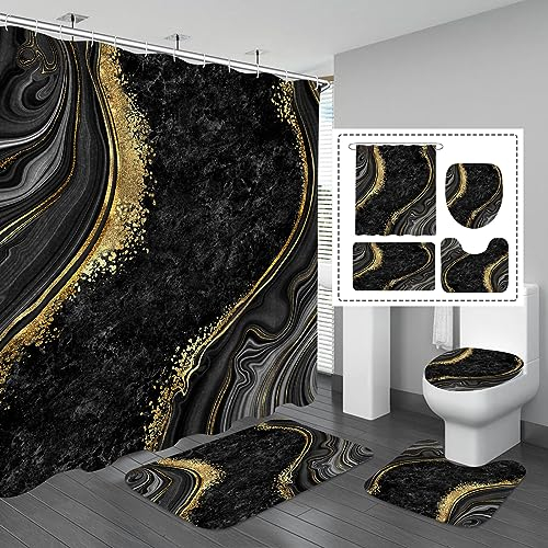Gibelle 4-teiliges Luxus-Duschvorhang-Set aus Marmor mit rutschfesten Teppichen, WC-Deckelbezug und Badematte, schwarz-goldenes Badezimmer-Dekor-Set mit Duschvorhang und Teppichen und Zubehör