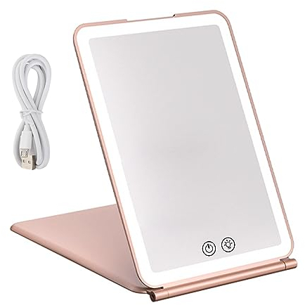 Miroir de Maquillage de Voyage, Miroir de Beauté Portable éclairé avec 72 LED, 3 Couleurs écran Tactile à intensité Variable, Rechargeable Miroir de Courtoisie de Table avec Lumières (Or Rose)