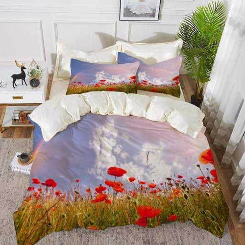 Bettwäsche 3 Teilig Bettgarnitur,Mohn, Wiese mit Mohnblumen und Regenbogenreflexion in der Luft Magic Sky Happiness,Mikrofaser Bettbezug Set 1 Bettbezug Set 200 x 200 cm + 2 Kissenbezug 50x80 cm