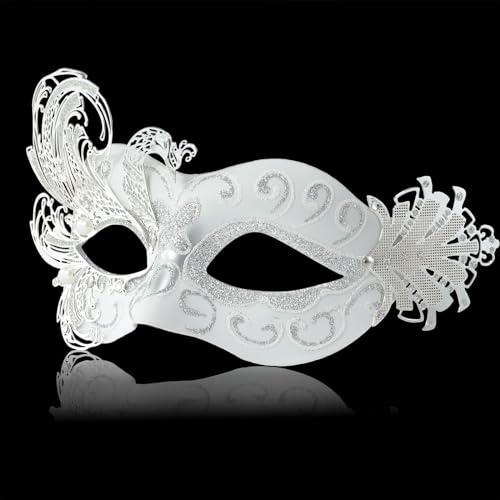 MYSEUNI Damen-Venezianische Maske | Elegante Handbemalt Phoenix Maskenball Weiß-Eis Masken - Für Hochzeiten & Karneval passend, Halloween & Kostümpartys
