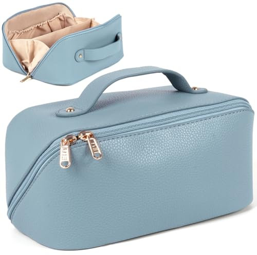 MAMUNU Trousse de rangement de maquillage de voyage de grande capacité avec poignée et fermeture éclair - Grande trousse de toilette avec compartiments pour femmes et filles, bleu, 25.00x12.00x12.00cm