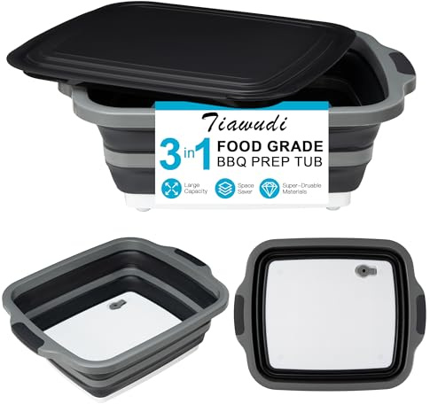 Tiawudi Große Faltbare Grill-Vorbereitungswanne mit Deckel (16 l), Faltbare Campingspüle mit Sieb, Schneidebrett, Geschirrbecken für Küche, Schüssel, Gemüse und Obst, Aufbewahrungskorb für Picknick
