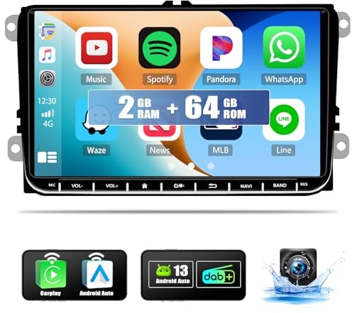 DAB/DAB+ 2G+64G Android 13 Autoradio für VW Golf 5 6 Passat Polo Tiguan Touran Caddy Skoda Seat mit Carplay Android Auto, 9 Touch Display Auto Player mit GPS WiFi BT FM/RDS SWC Rückfahrkamera+CANBUS