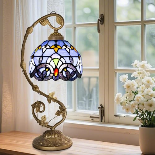 Ppbmocw Tiffany Style Table Lamp, 8 Inch Stained Glass Lamp for Living Room, Bedside, Reading Included 3 Color Temperatures E27 Bulb (Purple Baroque)
