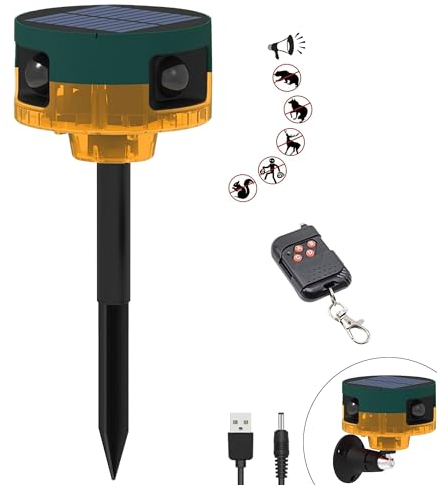 QXMH Solar-Außenbewegungssensor-Alarm: Hundegebell und Schussgeräusch, 129db Laute Sirene, Unterstützung der Aufnahme, 13 Arten von Sound-Stroboskoplicht mit Fernbedienung und USB (1 Packung)