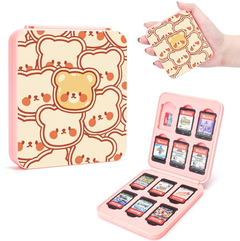 DLseego Étui pour Cartes de Jeu Switch OLED/Switch Lite/Switch,Adorable Boîte de Rangement de Cartes de Jeu avec 12 Cartes de Jeu Switch et 12 Cartes Micro SD,Fermeture Magnétique,Oursons Roses